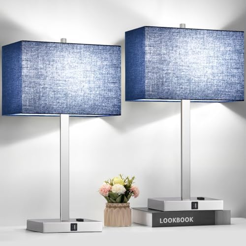Lynnoland 21" Set of 2 Table lamp with USB A+C & AC Outlets, Touch Control 3-Way Dimmable Nightstand Lamps for Bedroom Living Room Office Reading, Blue Shade Touch Lamps, 5000K LED Bulbs Included by BringBrightnesstoYourLife