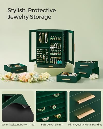 SONGMICS Jewelry Box Organizer, 360° Rotating, 5 Drawers, Forest Green - Image 5