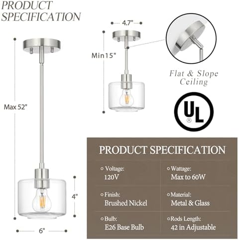 Brushed Nickel Pendant Lights Kitchen Island 2 Pack, Modern Clear Glass Hanging Light Fixtures with Rods, Mini Kitchen Pendant Lighting Over Island for Sink Bathroom, OS-YQ8153-2PBNC - Image 3