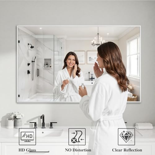 Koonmi White Rectangle Wall Mirror, 30x48 Inch Bathroom Mirror, Aluminum Frame Vanity Mirror for Entryway, Living Room, Bedroom Bathroom, Hangs Horizontally or Vertically - Image 3