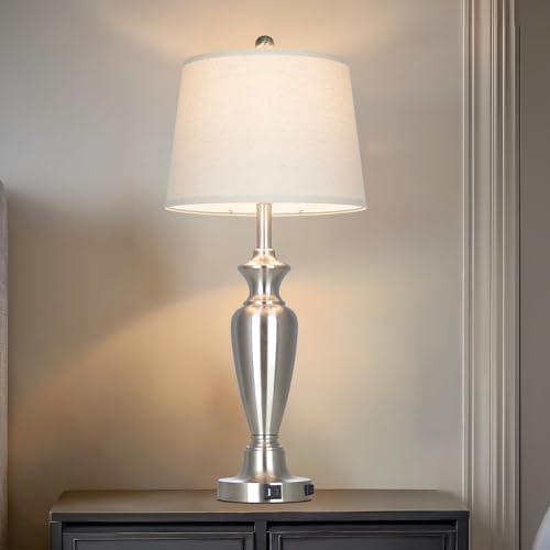 Cinyirong 30" Tall Silver Table Lamp for Living Room, 3-Way Dimmable Touch Control Bedside Lamp for Bedroom Nightstand with USB A+C Ports & AC Outlet (1 Pack) by Cinyirong