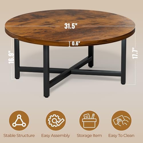 Round Coffee Table, 31.5" Brown Coffee Table, Coffee Tables for Living Room - Image 2