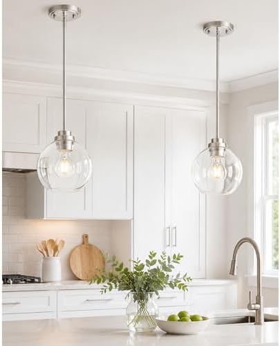 Pendant Lights Kitchen Island 2 Pack, 7" Modern Brushed Nickel Hanging Lights Fixtures with Clear Glass Globe Shade, Kitchen Island Lighting for Bathroom, AD-22280-1P2-SN-C by Audickic