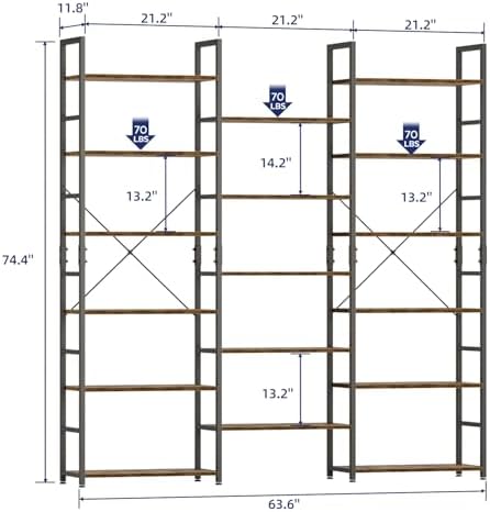 NUMENN Triple Wide 6-Tier Adjustable Bookshelf with 17 Shelves, Vintage - Image 2