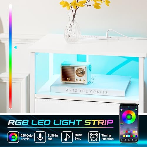 Yoobure 5 Drawers Dresser for Bedroom, Tall Nightstand with Charging Station, Fabric Dresser for Closet with Storage Shelf, Vertical Dressers Chest LED Night Stand, Bedside Table for Dorm Living Room - Image 6