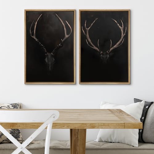 SIGNWIN Framed Canvas Print Wall Art Rustic Antler Skull Dark Dramatic Black Vintage-Inspired Deer and Elk Antlers Illustrations Decorative for Living Room, Bedroom, Office - 24"" x36 x2 Natural - Image 4