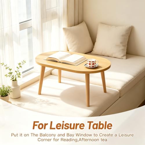 Small Coffee Table, Low Table with Solid Wood Legs, 23.6" Mini Oval Accent Table Side End Table, Floor Table Desk for Sitting on The Floor, Coffee Tea Table for Living Room, Dorm, Apartment, Natural - Image 5