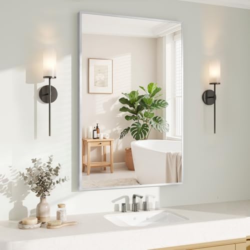 Koonmi Silver Rectangle Wall Mirror, 20x30 Inch Bathroom Mirror, Aluminum Frame Vanity Mirror for Entryway, Living Room, Bedroom Bathroom, Hangs Horizontally or Vertically by KOONMI