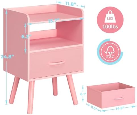 Yoobure Night Stand with Fabric Drawer, Modern Nightstand, Bedside Tables, Mid Century Nightstands with Open Storage Shelf, Wood Bedside Table, Small Night Stands for Bedrooms, 2-Tier Night Table - Image 2