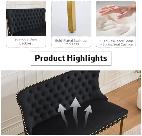 Black Velvet Dining Bench with Back, Tufted Banquette Seating, Gold Legs - Image 4