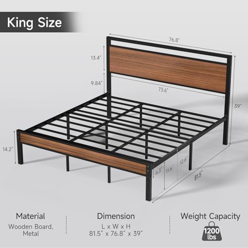 Z-hom King Metal Bed Frame with Wooden Headboard and Footboard, Heavy Duty Platform Frame with Metal Slats, No Box Spring Needed, Quiet and Non-Slip Design, Space Saving Bed Frame for Bedroom,Walnut - Image 2