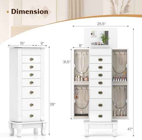 DREAMADE Jewelry Armoire, Standing Jewelry Box w/Mirror & 7 Drawers, White - Image 5
