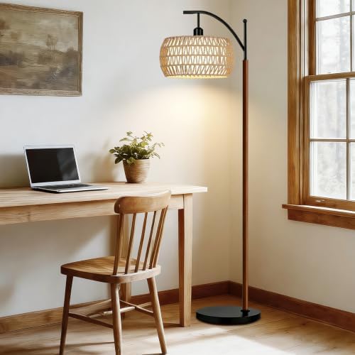 QIYIZM Rattan Floor Lamp for Living Room,Bedroom,Boho Standing Lamp with Remote Dimmable,Wood Vintage Mid Century Modern Black Tall Lamp Wicker Lamp Shade Floor Lights Bohemian Tiffany Style - Image 5