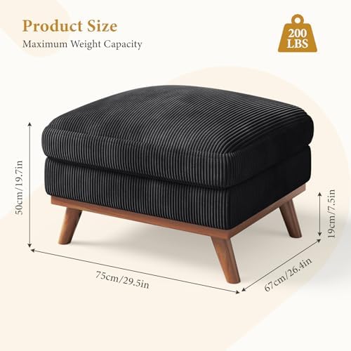 Vesgantti Large Ottoman for Modular Sofa, 29.5" Corduroy Ottoman with Spring Cushion, Rectangle Foot Rest for Couch, Entrance Footstool with Wood Legs, Footstool for Living Room, Bedroom, Black - Image 2