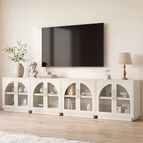Fatmok Arched Glass Sideboard Buffet Accent Cabinet, 31.5" Display Credenza with Adjustable Shelf,4-Piece Modular Coffee Station Storage for Kitchen Living Room Bedroom, Beige(Not White) by Fatmok