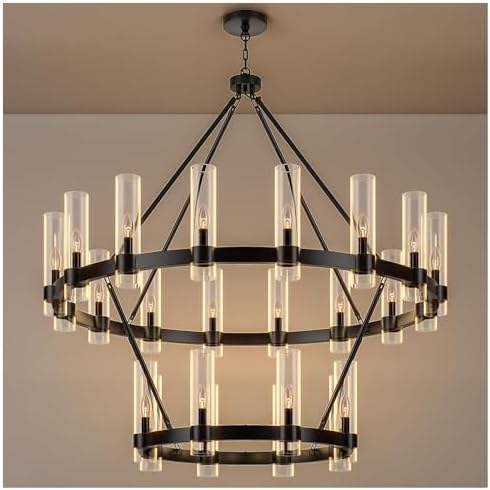 48 Inch Black Wagon Wheel Chandelier 2 Tier with Glass Shade, 24 Lights, Modern Farmhouse Style, Ideal for Dining Room, Kitchen, Entryways by AEULYTIR