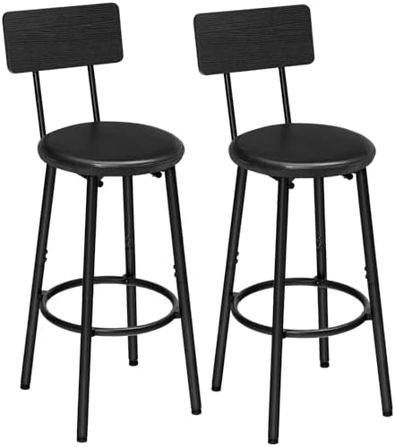 HOOBRO Bar Stools, Set of 2 Bar Stools with PU Upholstered, Bar Chairs with Footrest and Back, 26" Barstools for Kitchen Island, Dining Room, Easy to Assemble, Black BK31BY01G2 by HOOBRO