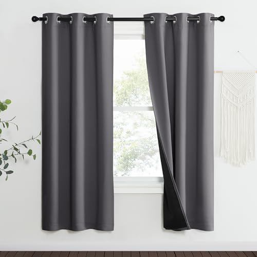 NICETOWN Grey Full Shade Curtain Panels, 37" Wide x 70" Long, Gray, Pair of Thermal Insulated & Energy Efficiency Blackout Curtains for Living Room Windows, Lined Silky Performance Window Dressing - Image 2