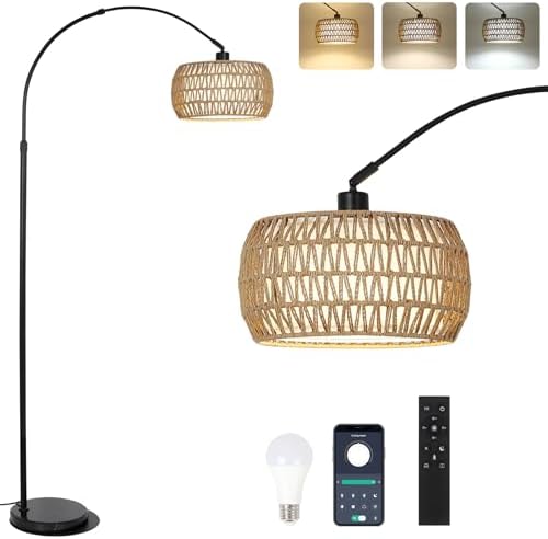 Arc Floor Lamps for Living Room with 3 Color Temperatures, Black Standing Lamp with Remote & Dimmable LED Bulb, Rattan Boho Floor Lamp, Farmhouse Tall Lamp for Bedroom, Over Couch Arched Reading Light by EYASSI