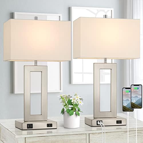 TOBUSA 22" Silver Modern Table Lamp Set of 2 with 2 USB Ports&AC Outlet by TOBUSA