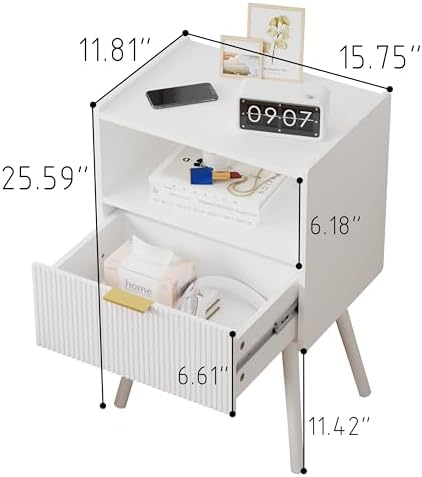 JOONEE White Nightstand,Modern Bedside Table with Storage Drawer and Open Wood Shelf, for Living Room, Bedroom and Small Spaces, Accent Night Stand with Solid Wood Legs, Easy Assembly,Classic White - Image 2