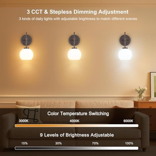 Oil Rubbed Bronze Wireless Rechargeable Wall Sconces Set of 2, Battery Operated Wall Lights with Remote Control, LED Dimmable Wall Lamp with Opal White Glass Shade, 12 Colors RGB & 3 CCT Bulb - Image 5