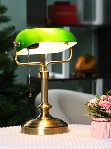 Traditional Banker's Desk Lamp with Glass Shade,Pull Chain Switch, LED Bulb Included (Antique Bronze+Green) - Image 3