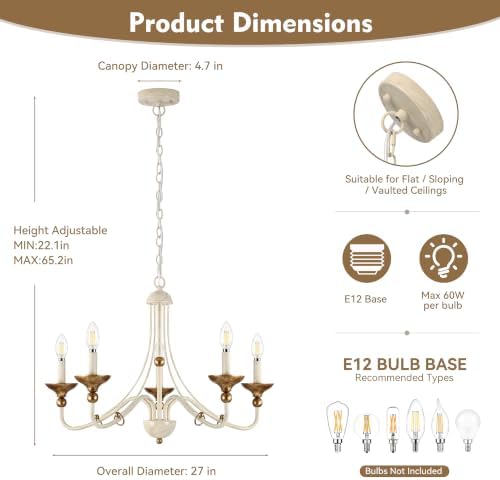 Sigaitwei 5‑Light French Country Candle Chandelier, Distressed Off‑White with Antique‑Gold Accents, Pendant Hanging Light Fixture for Dining Room, Foyer, Bedroom, E12 Base - Image 6