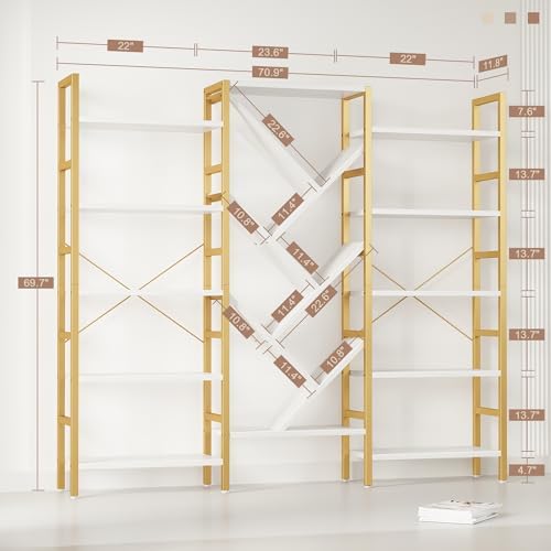 INNOD 70x70” Triple 5 Tier Book Shelf, Large Wooden Bookcase with 17 Open Display Shelf, Modern Tree Bookshelf Metal Frame Tall Book Case Furniture for Living Room Bedroom Home Office White & Gold - Image 2