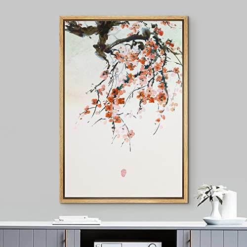 NWT Framed Canvas Print Wall Art Japanese Style Cherry Blossoms on Tree Branch Floral Plants Illustrations Modern Art Rustic Scenic Colorful Pastel for Living Room, Bedroom, Office - 16"x24" Natural - Image 2