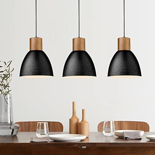 ELYONA 3 Pack Hammered Pendant Lights for Kitchen Island 7” Small Metal Solid Wood Hanging Light Fixtures Adjustable Height Farmhouse Pendant Lighting for Dining Room Bedroom Bar Office, Modern Black by ELYONA