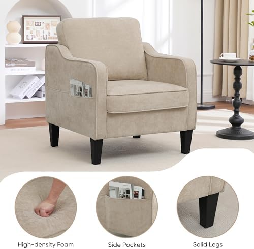 Accent Chairs Set of 2, Upholstered Living Room Chair with Side Pockets, Mid Century Modern Reading Chair for Bedroom, Comfy Armchair Single Sofa Side Chair for Office, Small Room, Light Brown - Image 4