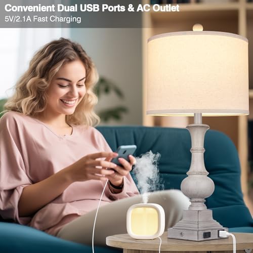 Farmhouse Lamps Set of 2, 26" Vintage Rustic Touch Control Bedside Lamp with USB A+C Ports & AC Outlet, 3-Way Dimmable Boho Nightstand Lamp Washed Resin Linen Fabric Shade for Living Room Bedroom Grey - Image 5