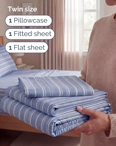 Twin Size 3 Piece Sheet Set - Breathable & Cooling Sheets - Blue Stripes - Image 3
