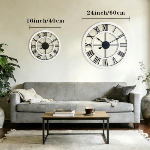 16 Inch Rustic Wall Clock Silent Non-Ticking Wooden Wall Clocks with Roman Numerals Farmhouse Decorative Clock for Living Room Bedroom Office (White) - Image 3