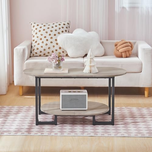 HOOBRO Coffee Table for Living Room, Oval Small Coffee Table with 2-Tier Open Storage Shelf, Industrial Cocktail Tea Table, Wooden Desktop Center Table, Farmhouse, Home Office, Greige BG09KF01 - Image 5
