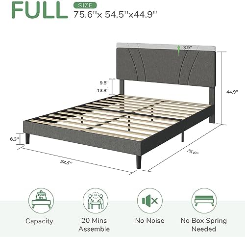 Novilla Full Size Bed Frame No Box Spring Needed with Adjustable Headboard Upholstered Platform Bed with Strong Wooden Slats, Easy Assembly, Light Grey - Image 2