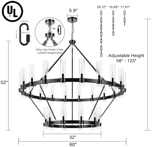 60 Inch Black Wagon Wheel Chandelier 2 Tier with Glass Shade, 30 Lights, Modern Farmhouse Style, Ideal for Dining Room, Kitchen, Entryways - Image 5