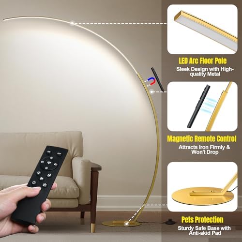Dimmable LED Floor Lamp with 3 Color Temperatures, Ultra Bright 2000LM Gold Arc Floor Lamp, Modern Standing Tall Lamp with Remote Control Reading Floor for Bedroom Use Lamp for Office Classroom - Image 5