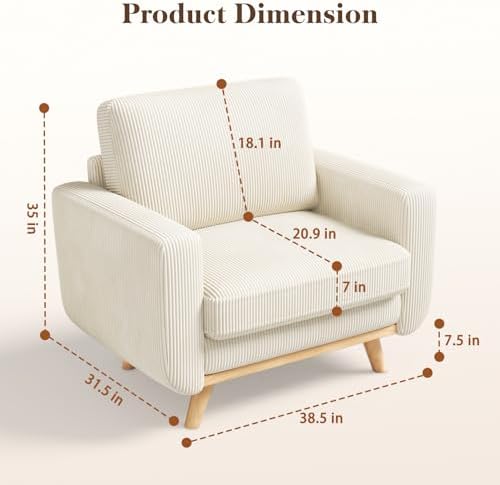 Vesgantti 38.5" Accent Chair Beige, Comfy Corduroy Single Sofa Seat with Spring Cushion, Upholstered Armchair with Deep Seat, Reading Chair for Adults, Modern Sofa for Living Room, Bedroom - Image 2