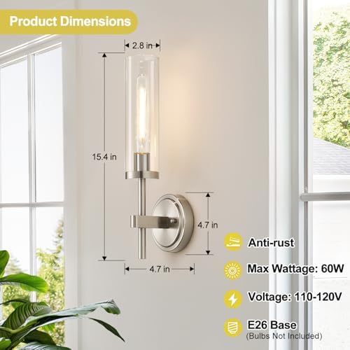 MOKATNG Wall Sconces Set of Two, Brushed Nickel Bathroom Sconces with Clear Glass, Hardwired Sconces Wall Decor Set of 2, Modern Wall Light Fixtures for Bathroom Mirror Living Room Bedroom Hallway - Image 7