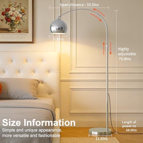 Glossy Chrome Silver Arc Floor Lamp with 12W LED Remote Dimming - Image 3
