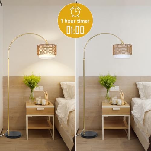 Arc Floor Lamp for bedroom with Rattan & Linen Shades, Gold Floor Lamp with Remote & Dimming Bulb, Rustic Standing Lamp with 3 Color Temperatures, Adjustable Height Farmhouse Tall Lamp for Living Room - Image 6