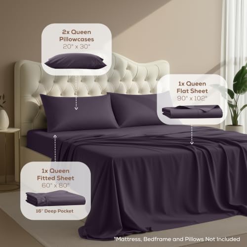 Queen Sheets Set, 4 Pieces 16" Deep Pocket Hotel Luxury Sheets, Dark Purple - Image 2
