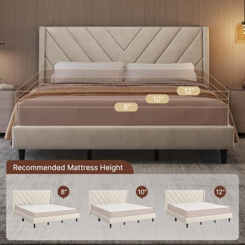 Yaheetech King Bed Frame with Chevron Channel-Tufted Headboard, Beige - Image 6