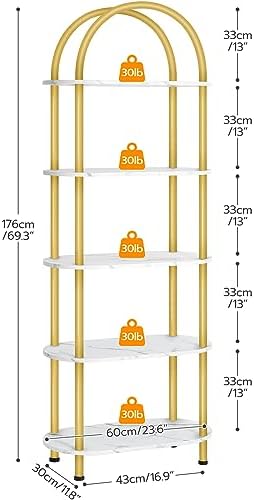 HOOBRO 5 Tier Open Bookshelf, Industrial Arched Bookcase Display Shelf Rack, Wooden Bookcase Storage Shelf Metal Frame, Tall Storage Organizer for Home, Easy Assembly, Gold DM176SJ01 - Image 3
