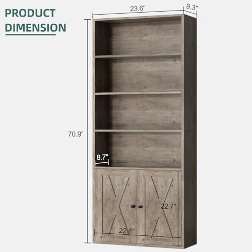 Shintenchi Bookshelf, Industrial Bookshelves and Bookcases with Doors Floor Standing 6 Shelf Display Storage Shelves 70.6 inches Tall Bookcase for Home Office, Living Room (Grey) - Image 3