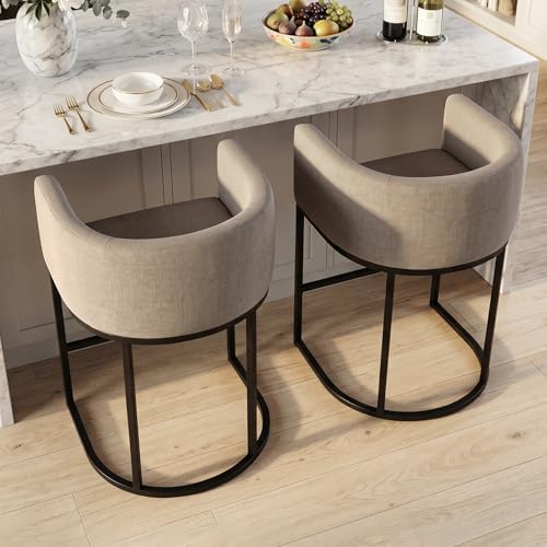 Counter Height Bar Stools Set of 2, 24 Inch Seat Height Barstools for Dining Room, Fabric Upholstered Bar Chair for Kitchen Island, Linen Counter Stools with Metal Legs, Sand by KRAMZMINGQualityHome