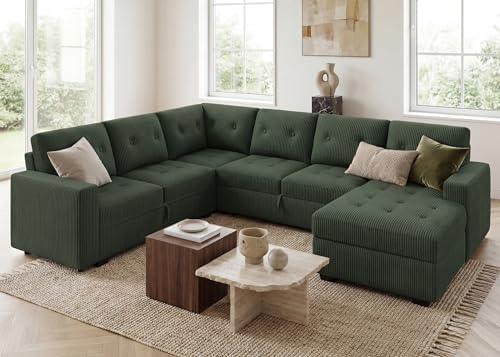 HONBAY Modular Sectional Sleeper Sofa with Pull Out Bed, U Shaped Sleeper Couches with Storage Chaise, 114'' Sleeper Sectional Sofas for Living Room, Apartment (Velvet Green) - Image 7