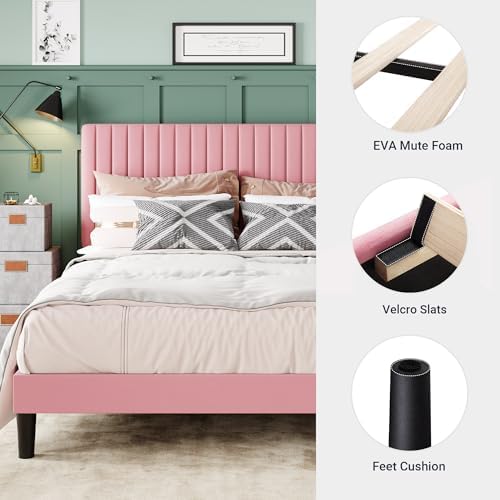 Allewie King Bed Frame, Velvet Upholstered Platform Bed with Adjustable Vertical Channel Tufted Headboard, Mattress Foundation with Strong Wooden Slats, Box Spring Optional, Easy Assembly, Pink - Image 5